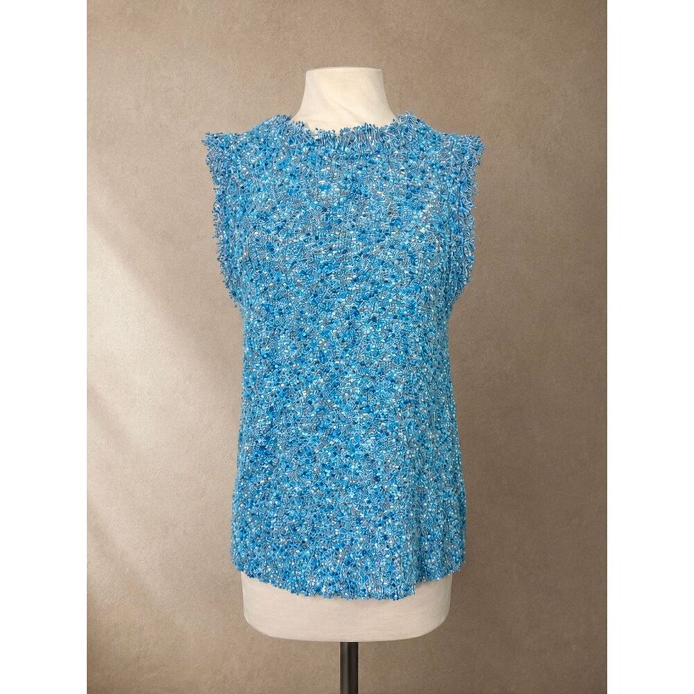 J. Crew Sz M tweed fringe shell sleeveless sweater sea blue
